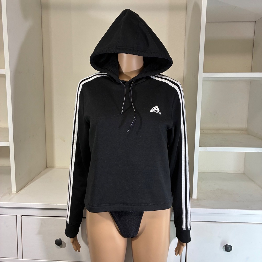 Adidas Womens 3-Stripes Cropped Hoodie Black White Fleece Pullover Sweatshirt